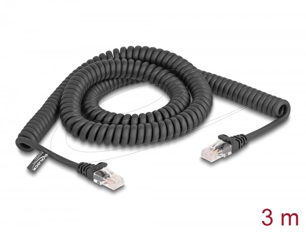 Patchkabel RJ45 FTP(F/UTP) 3m schwarz, CAT5e, Spiralkabel, Delock