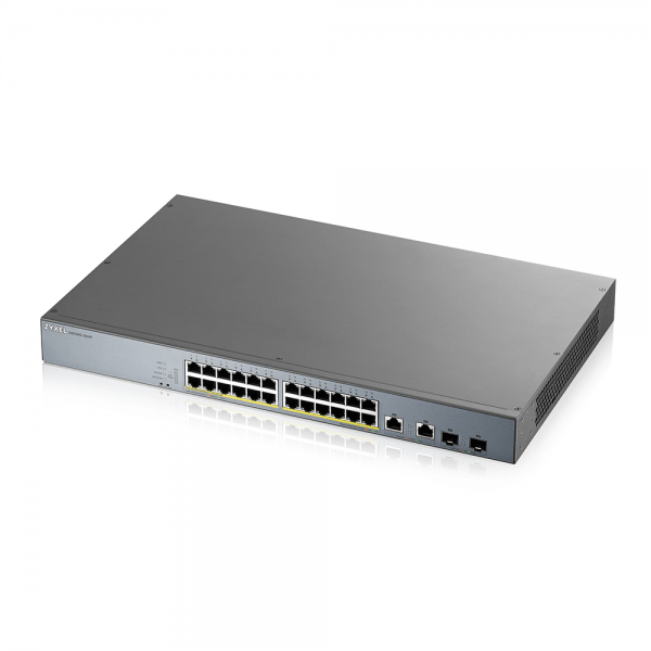 Zyxel Switch smart managed Layer2 26 Port • 24x 1 GbE • PoE Budget 375 Watt • 24x PoE at • 2x 1 Gb Combo • 19" • GS1350-26HP