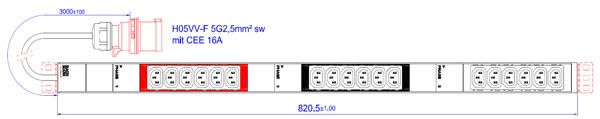 Bachmann PDU, Steckdosen, 18xDosen(C13)-> 3ph Zuleitung 3m, mit Stecker CEE 16A Rot,