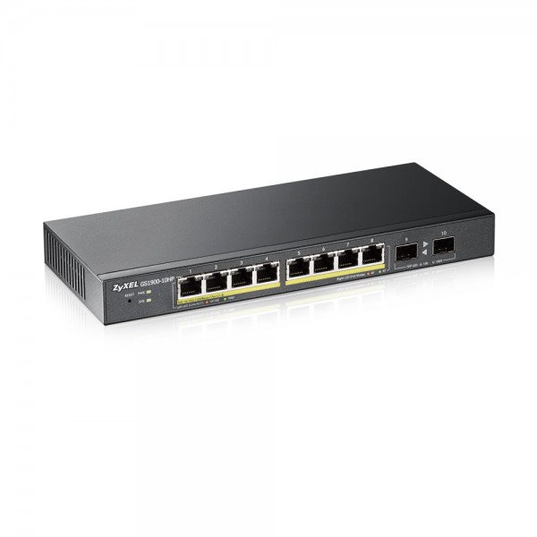 Zyxel Switch smart managed Layer2 10 Port • 8x 1 GbE • PoE Budget 77 Watt • 8x PoE at • 2x SFP • Desktop • Lüfterlos • GS1900-10HP V2