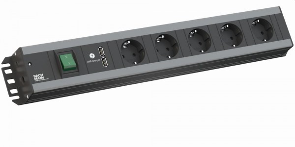 Bachmann Handwerkerleiste, 5xDosen(CEE7) -&gt; Stecker(CEE7), 2m, mit Schalter, 1xDoppel-USB-Ladeport