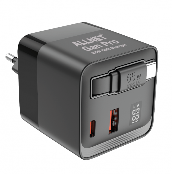 ALLNET Ersatznetzteil QC USB-C PD GaN Netzteil Power Supply 65 Watt 1x USB Typ-A QC, 1x USB Typ-C/ 1x USB Typ-C ausziehbar **EU PLUG** schwarz