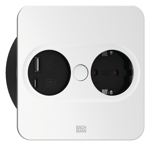 Bachmann TWIST, Steckdose, 1xCEE7/3, 1xUSB A/C 22W 2,0m AEH RAL9010 30GE eckig