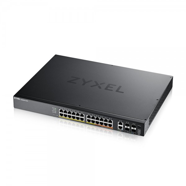 Zyxel Switch full managed Layer3 30 Port • 24x 1 GbE • PoE Budget 400 Watt • 16x PoE at • 10x PoE bt • 2x 10 GbE • 4x SFP+ • 19" • NebulaFlex Pro • XGS2220-30HP