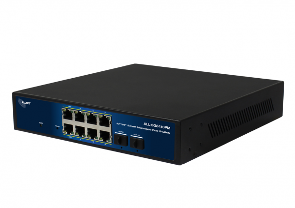 ALLNET Switch smart managed Layer2 10 Port • 8x 1 GbE • PoE Budget 240 Watt • 8x PoE at / 2x PoE bt • 2x SFP • Lüfterlos , 19" • ALL-SG8410PM