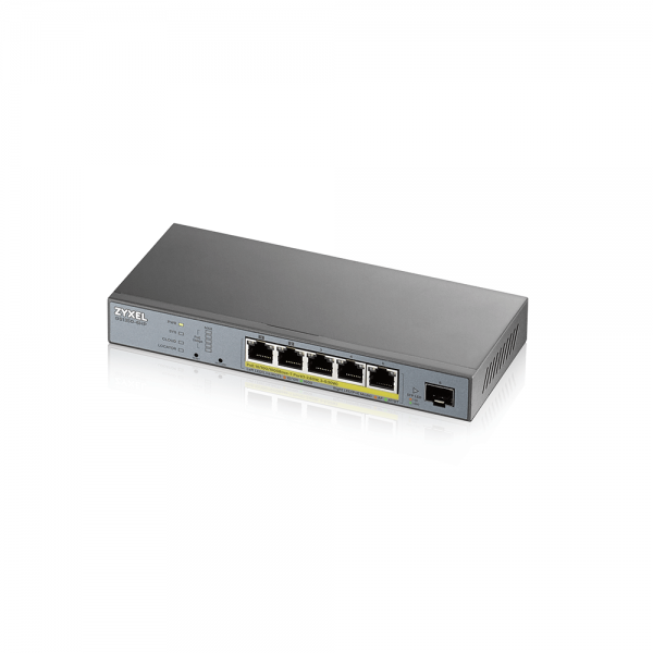 Zyxel Switch smart managed Layer2 6 Port • 5x 1 GbE • PoE Budget 60 Watt • 5x PoE at • 1x SFP • Desktop • Lüfterlos • GS1350-6HP