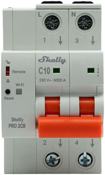 Shelly · Smarter Leitungsschutzschalter · "Pro 2CB C10" · 2-polig · 10A · Fernsteuerung · LAN · WLAN · Bluetooth