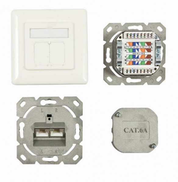 Dosen TP, UP, 2-fach, CAT6A, 500Mhz, Reinweiss, LSA, Synergy 21, waagrechter hinterer Kabeleingang