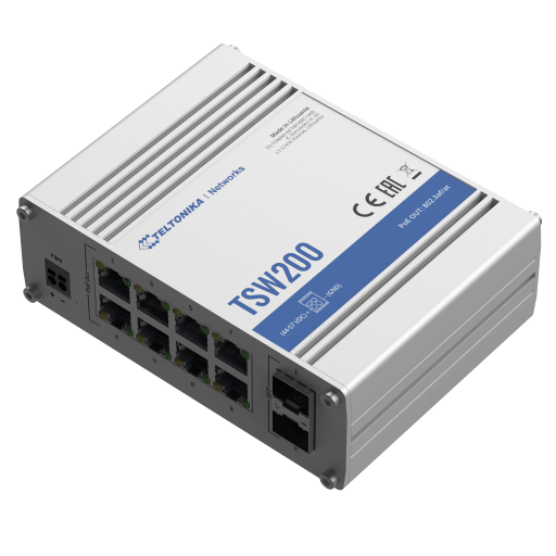 Teltonika · Switch · TSW200 · 8 Port Gigabit Industrial unmanaged PoE+ Switch, 2 SFP