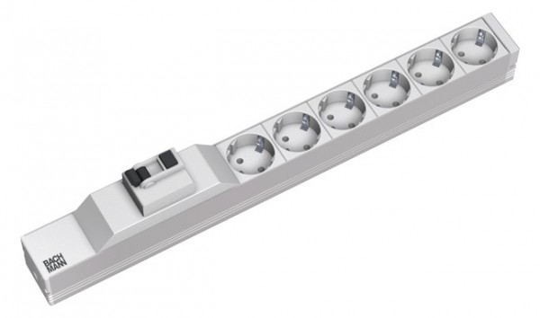 Bachmann Steckdosenleiste, 19", 6xDosen(CEE7)->Stecker(CEE7), 1xFI Schutzschalter, 2,0m, 1HE,