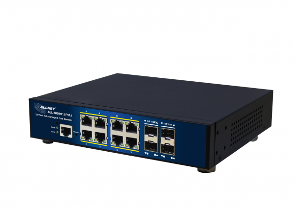 ALLNET Switch full managed Layer2+ 12 Port • 8x GbE • PoE Budget 300W • 8x PoE at • 4x SFP • 10" &amp; 19" • Lüfterlos • JSON API • ALL-SG8612PMJ