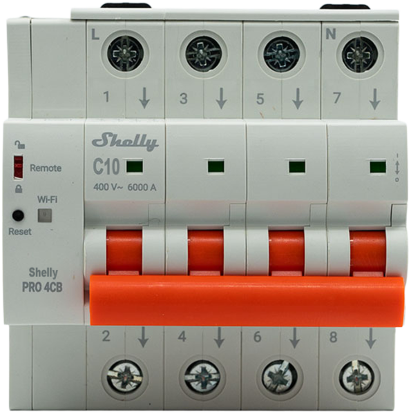 Shelly · Smarter Leitungsschutzschalter · "Pro 4CB C25" · 4-polig · 25A · Fernsteuerung · LAN · WLAN · Bluetooth
