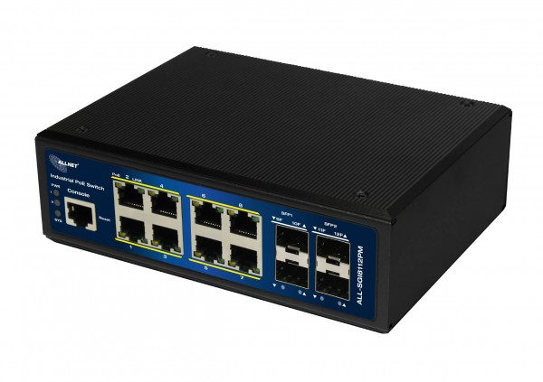 ALLNET Switch industrial full managed Layer2+ 12 Port GbE • PoE Budget 240W • 8x PoE BT • 4x SFP • Lüfterlos • DIN • JSON API • ALL-SGI8112PMJ-BT