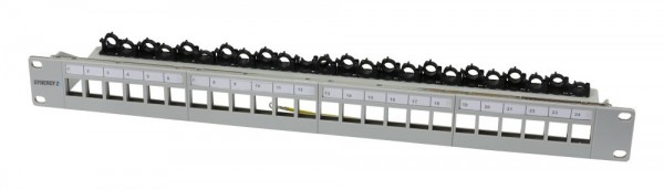 Keystone, Modulträger, 19"Patchpanel für 24xTP-Modul, 1HE(t 94mm), Lichtgrau, V4 mit Kabelklemme, Synergy 21,