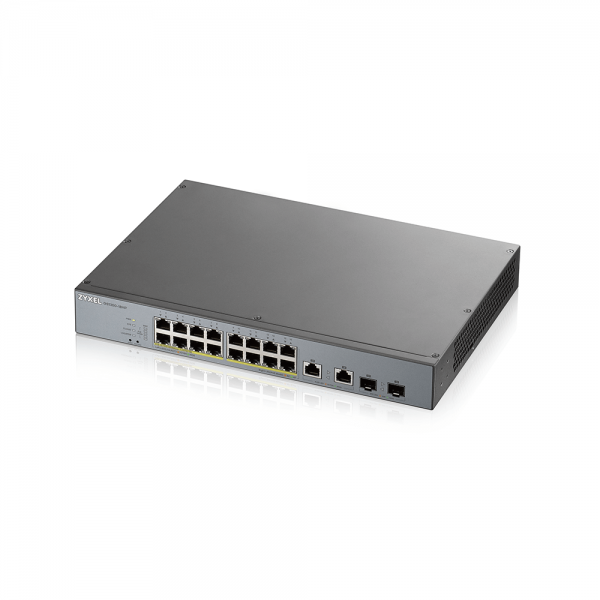 Zyxel Switch smart managed Layer2 18 Port • 16x 1 GbE • PoE Budget 250 Watt • 16x PoE at • 2x 1 Gb Combo • 19" • GS1350-18HP